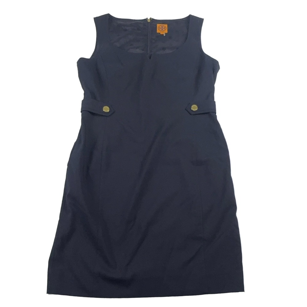 Tory Burch Navy Sleeveless Dress Women 14 Gold Logo Button Sheath 10131409